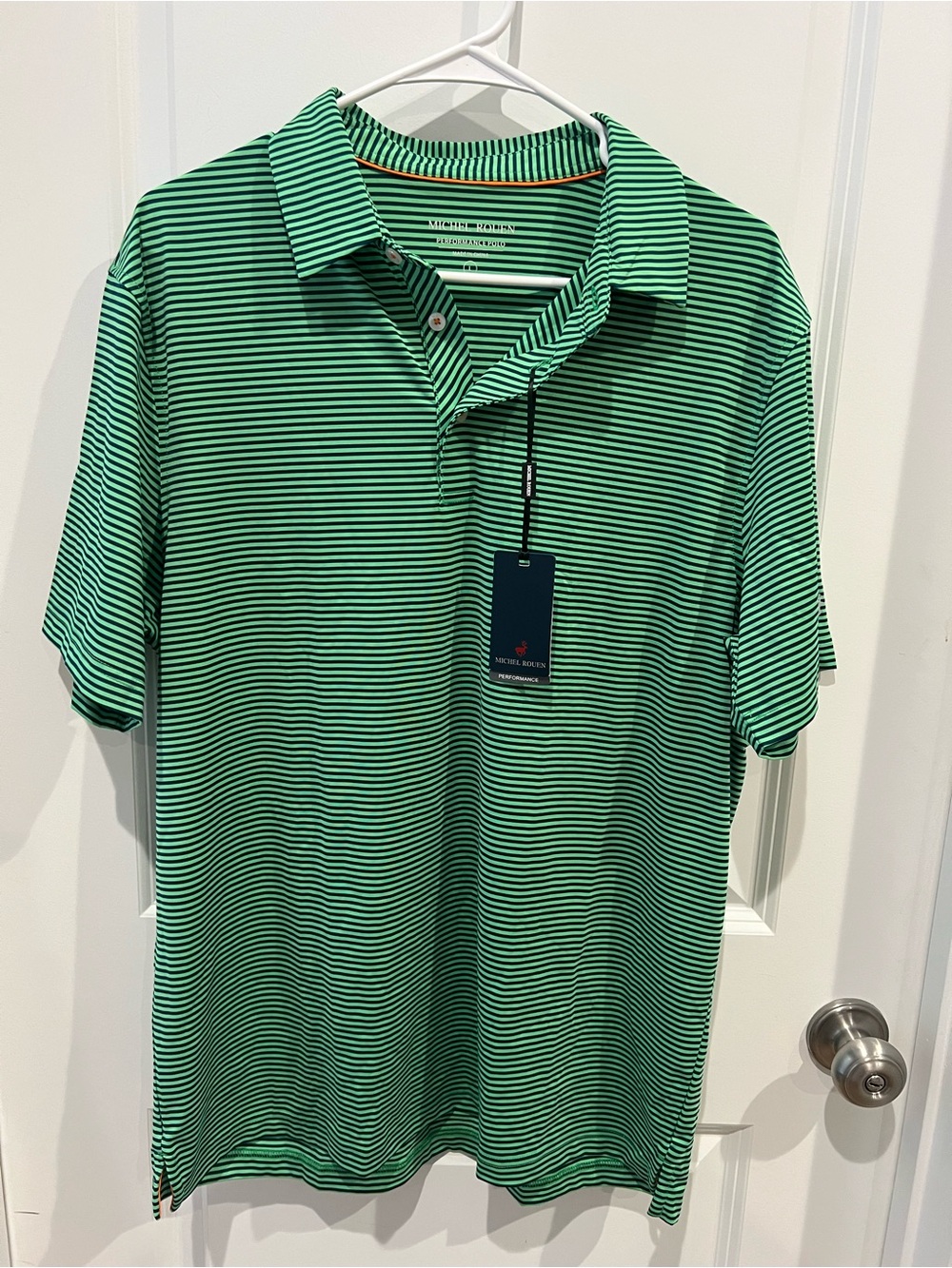 NWT Michel Rouen Green and Blue Striped Performance Polo Size Large
